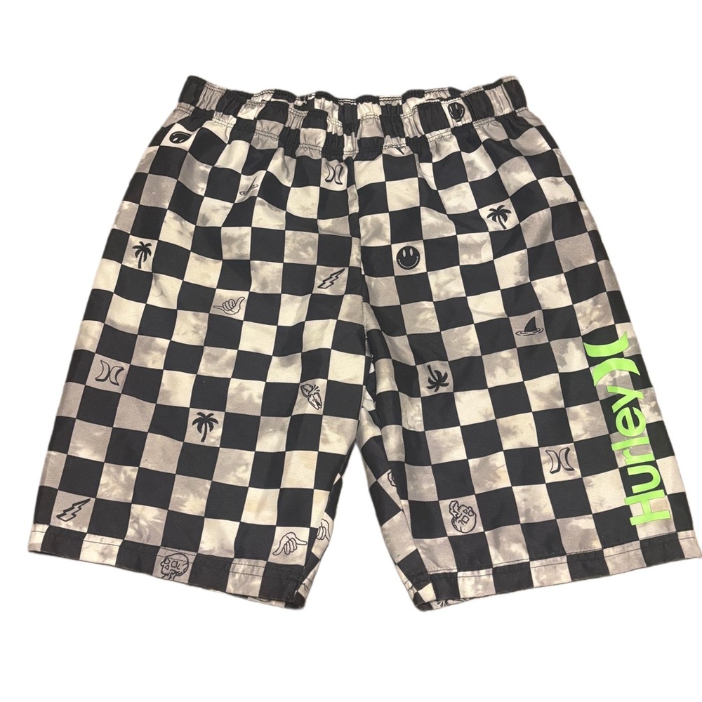 Hurley Boys Large Character Check Swim Trunks Black White Neon Logo. Summer Vibe